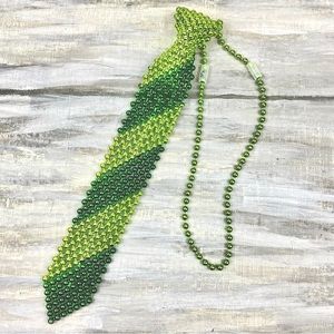 St. Patrick’s Day Green Beaded Necktie Lucky Irish Tie Mardi Gras Bead Necklace